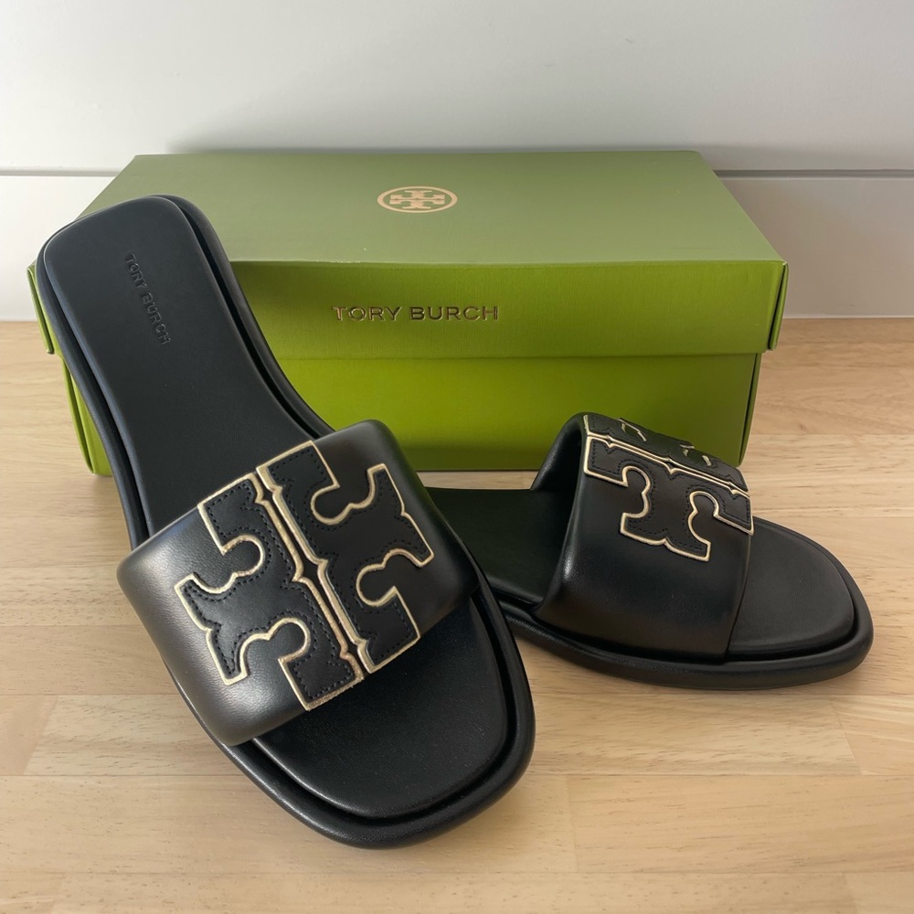 NWT Tory Burch Double T Sport Slide - Color: Perfect Black and Gold, Size 7.5